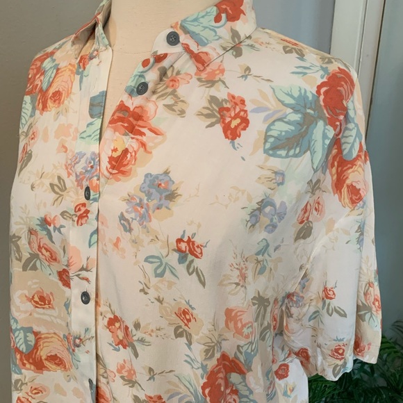 Vintage 90s Y2K Floral Button up Blouse M oversized lightweight coastal cowgirl - Picture 9 of 14